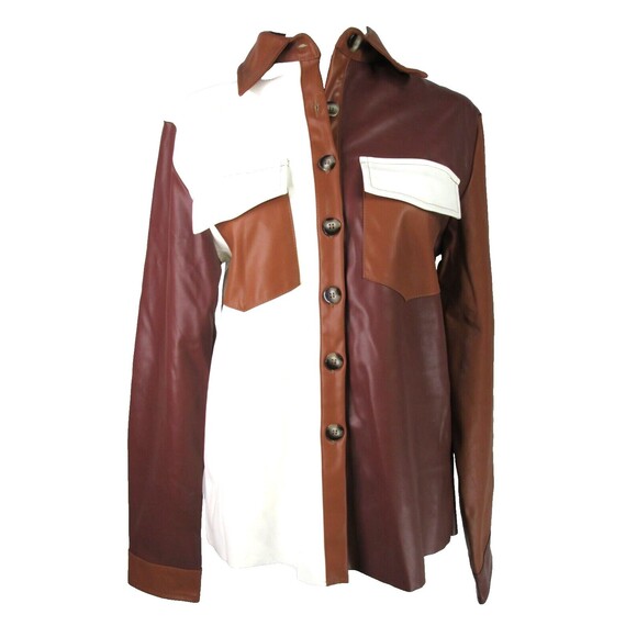 CIDER Colorblock Shirt M Brown Cream Buttons Collar Polyester Spandex 23-431 - Picture 1 of 9